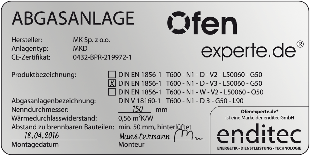 Typenschild eines doppelwandig gedämmten Edelstahlschornsteins